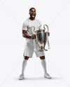 Soccer Player Wearing Jersey and Shorts Holds Cup Mockup