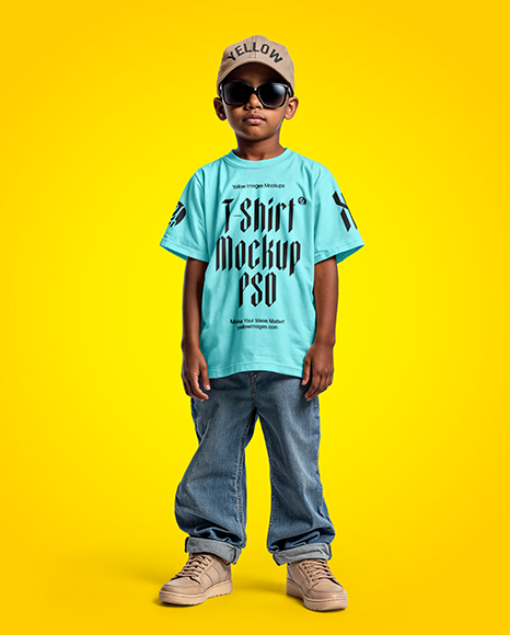 Black Boy Wearing Oversize T-Shirt and Baseball Cap Mockup