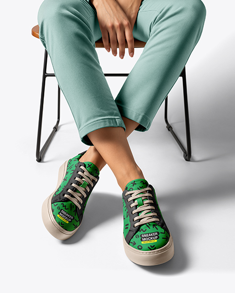 Pair of Sneakers on Woman's Legs Mockup - Stacked jeans mockup