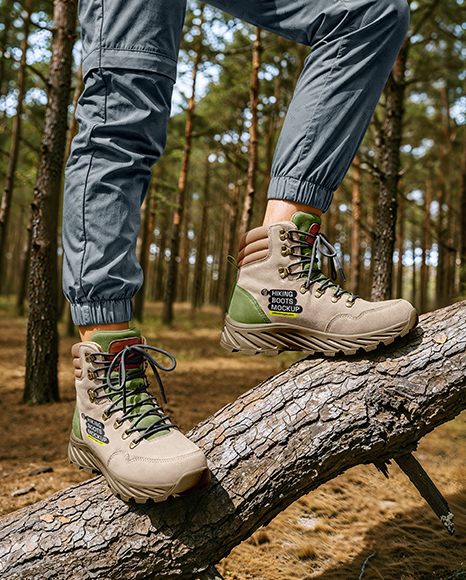 Pair of Hiking Boots on Woman's Legs Mockup - Premium PSD Mockups