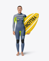 Female Surfer in a Wetsuit with a Shortboard Mockup