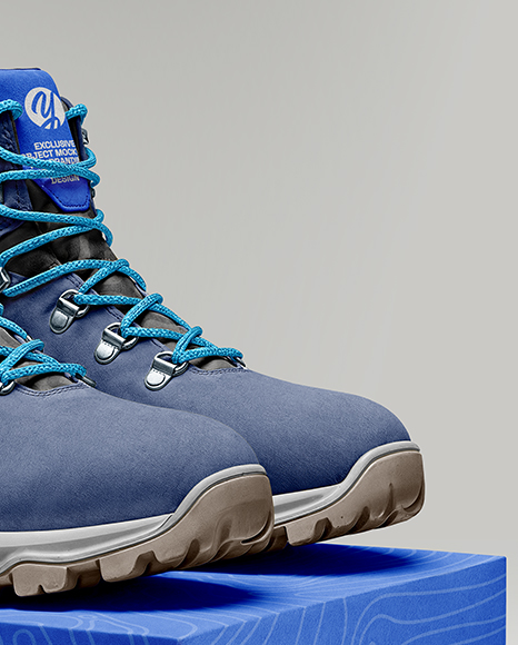 Pair of Hiking Boots on Shoe Box Mockup