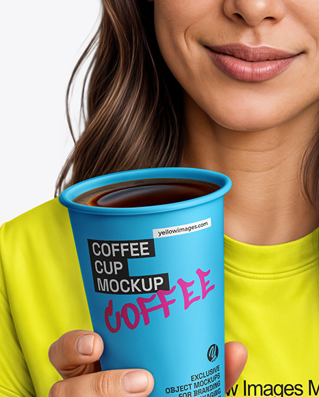 Woman Wearing a T-shirt Holding 16oz Paper Cup Mockup