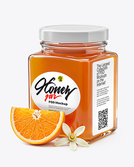 Square Glass Jar with Orange Blossom Honey Mockup - Honey+Jar+Mockup+In+Packaging+Mockups+On+Yellow+Images+Creative