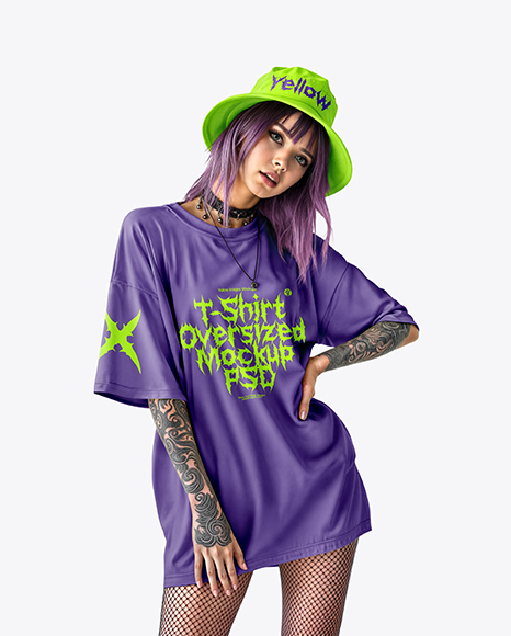 Young Alt Girl Wearing Oversized T-Shirt & Bucket Hat Mockup - Clay+Smartphone+Mockup+Front+View+Stock+Illustration+...