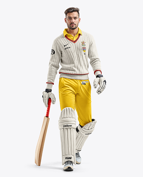Man Wearing a Full Cricket Kit with Bat Mockup - Jumper
