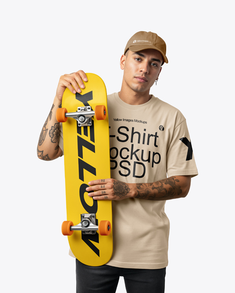 Young Man Wearing T-Shirt and Holding Skateboard Mockup