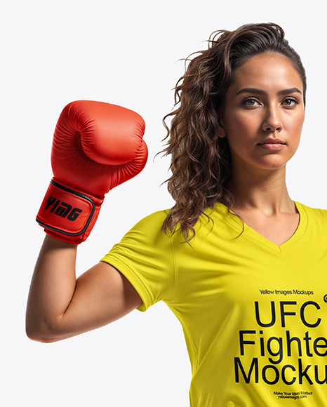 Female UFC Fighter Wearing T-Shirt & Shorts Mockup