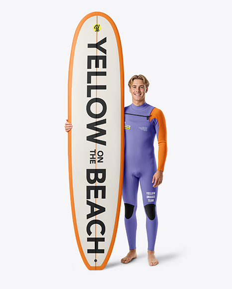 Surfer Wearing Wetsuit with Longboard Mockup - Long