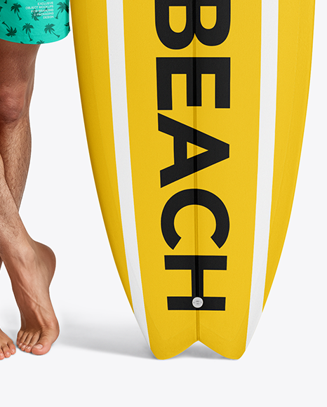 Young Man Wearing Shorts and Holding Surfboard Mockup