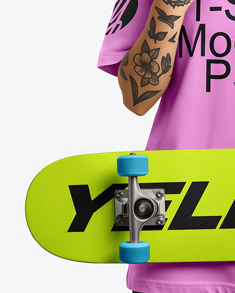 Woman Wearing T-shirt with Skateboard Mockup