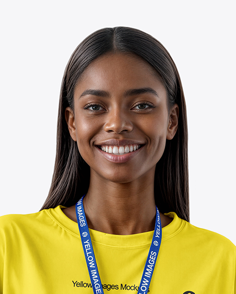 Young Black Woman Wearing T-shirt with Badge Holder Mockup