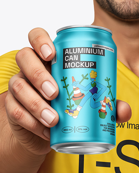 Man Wearing a T-shirt Holding 12oz Drink Can Mockup
