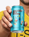 Man Wearing a T-shirt Holding 12oz Drink Can Mockup
