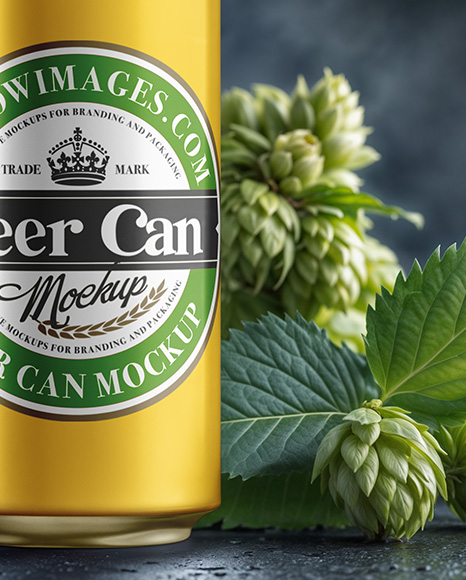Beer Can Surrounded by Hops Branches Mockup