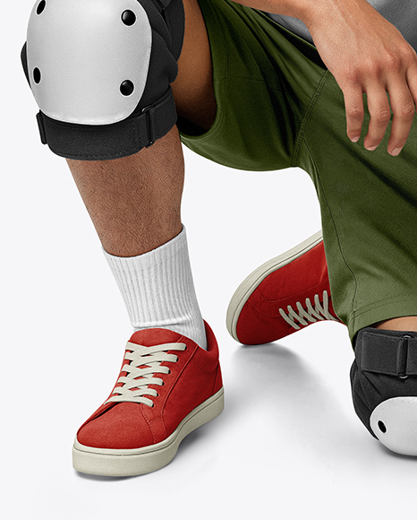 Skater in Protective Gear with Skateboard Mockup