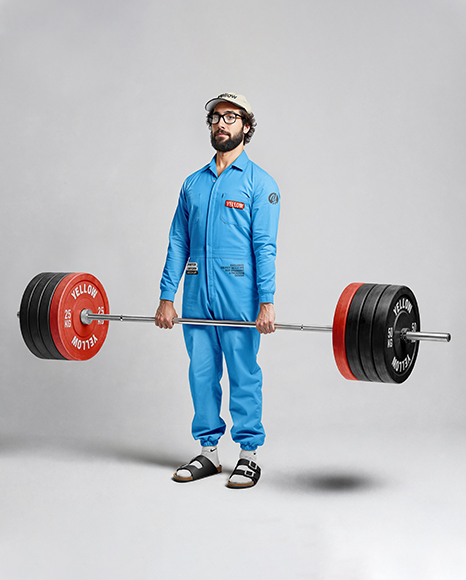 Powerlifter Wearing Janitor Uniform and Cap with Barbell Mockup