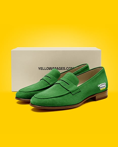 Pair of Suede Loafers with Shoe Box Mockup
