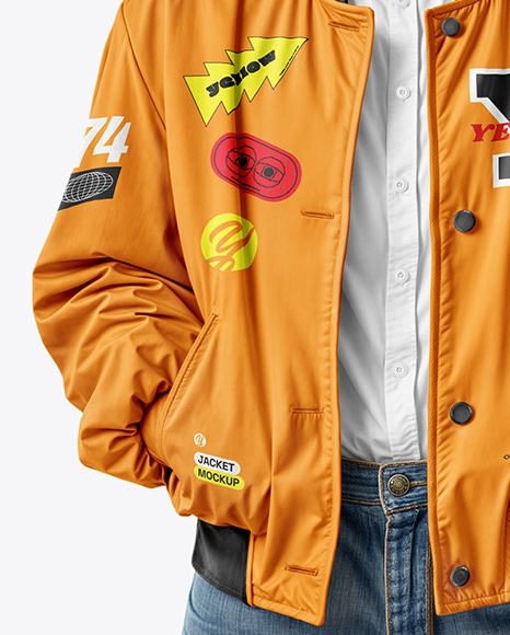 Woman in Sunglasses Wearing Bomber Jacket and Jeans Mockup