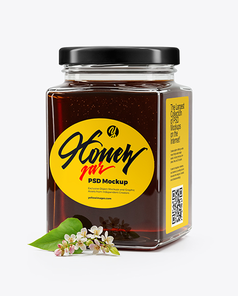 Square Glass Jar with Buckwheat Honey Mockup