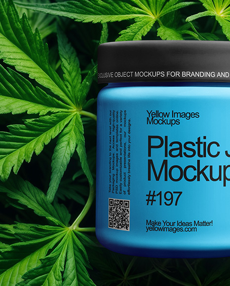 Plastic Supplements Jar on a Hemp Leaves Mockup