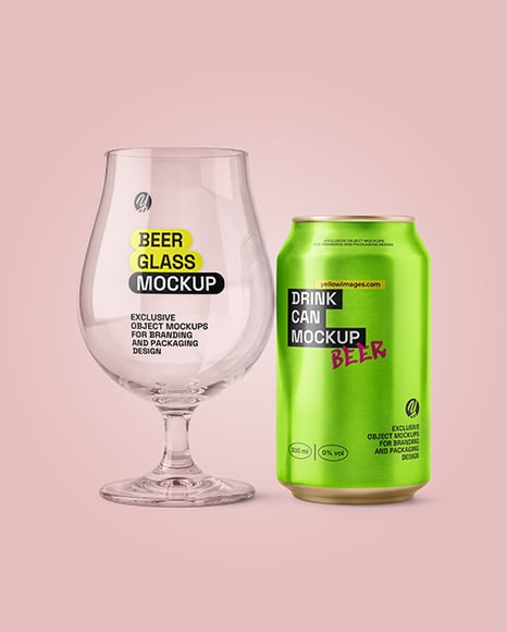 Empty Glass Goblet with Beer Can Mockup