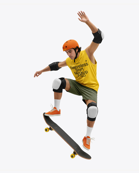 Skater in Protective Gear with Skateboard Mockup - Kit mockup psd