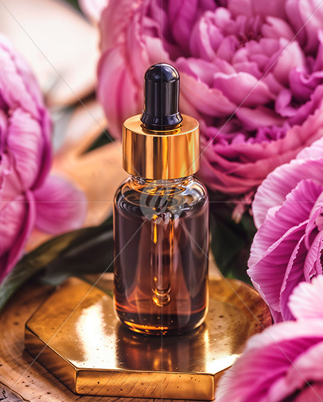 Amber Dropper Bottle with Oil Tincture Surrounded by Flowers Mockup