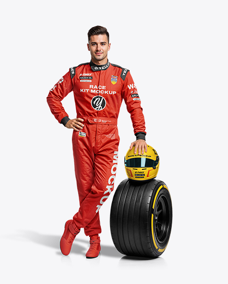 Man Wearing Racing Kit With Helmet Mockup - Kit mockup psd