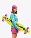 Young Woman Wearing Long Sleeve and Beanie with Longboard Mockup
