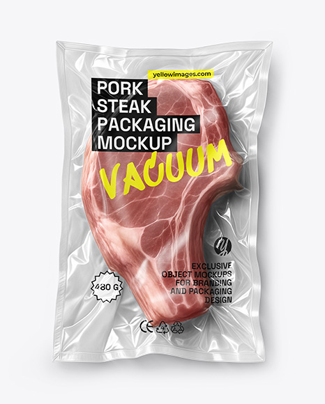 Clear Plastic Flow-Pack with Pork Steak Mockup