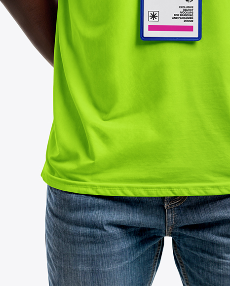 Smiling Black Man Wearing T-shirt with Badge Holder Mockup