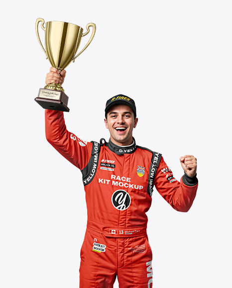 Man Wearing Racing Kit With Cup Mockup - Kit mockup psd