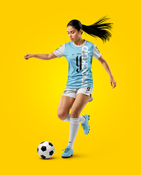 Female Soccer Player Wearing Jersey and Shorts Mockup