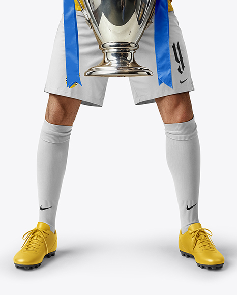 Man Wearing Soccer Jersey and Shorts Holds Cup Mockup