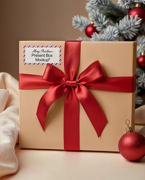 Square Gift Box wit Red Bow Mockup