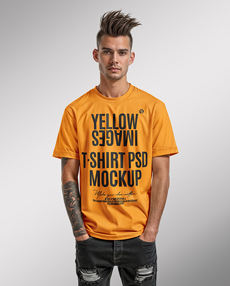 Young Man with Tattoo Wearing T-shirt and Ripped Jeans Mockup