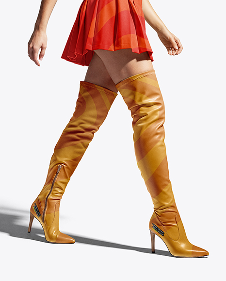 Pair of Over-The-Knee Boots on Women's Legs with Skirt Mockup - White dress mockup
