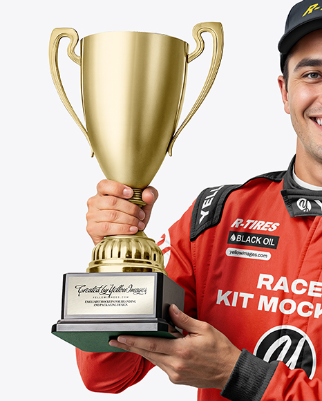 Man Wearing Racing Kit With Cup Mockup