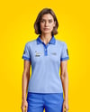 A Woman Wearing a Polo Shirt and Pants Mockup