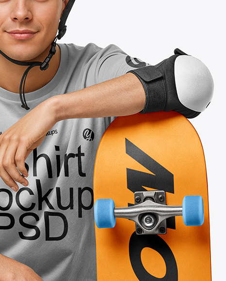 Skater in Protective Gear with Skateboard Mockup