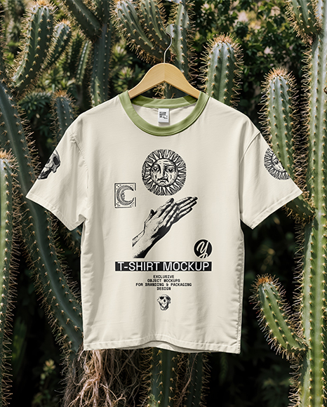 T-Shirt with Hanger on Cactus Background Mockup - Melange+Men's+Shirt+on+Hanger+Mockup