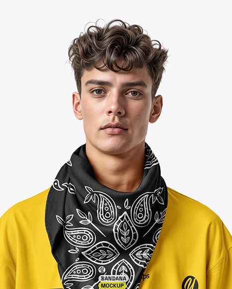 Curly Man Wearing T-shirt and Bandana Mockup