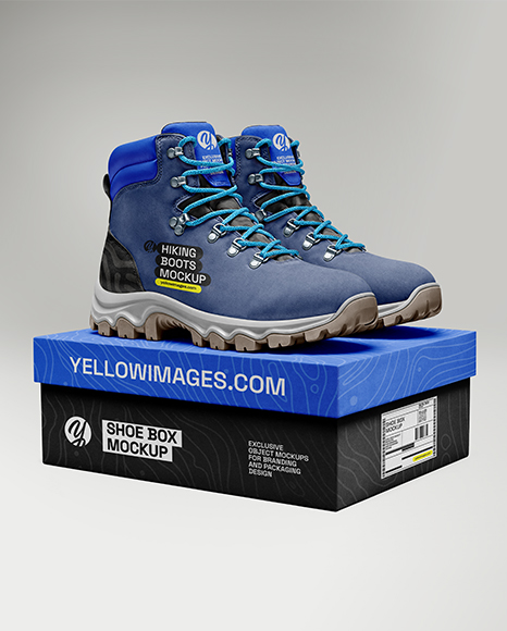 Pair of Hiking Boots on Shoe Box Mockup