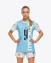 Woman Wearing Soccer Jersey and Shorts Mockup