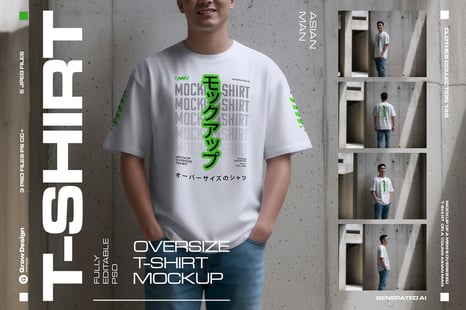 5 Oversized T-Shirt Mockups on Asian Man. Urban Series #1. Generated AI