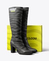 Pair of Women's High-Knee Boot with Shoe Box Mockup