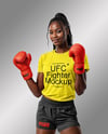 Black Female UFC Fighter Wearing T-Shirt & Shorts Mockup