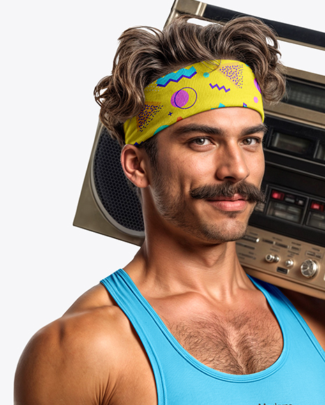 Mustachioed man with Boombox Wearing Tank Top and Shorts Mockup