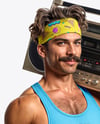 Mustachioed man with Boombox Wearing Tank Top and Shorts Mockup